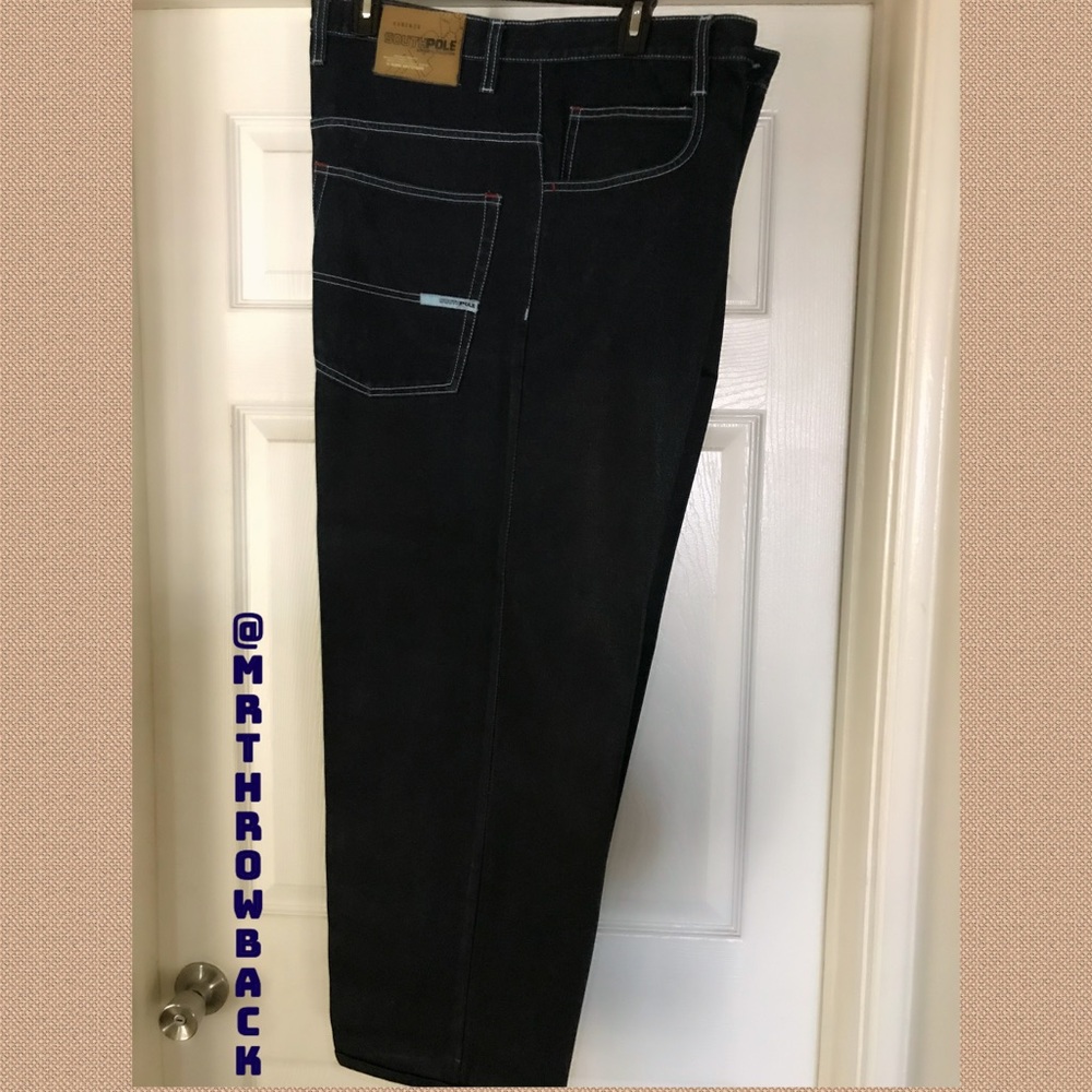 VINTAGE SOUTH POLE Dark Rinse Jeans With Powder Blue Stitching. Sz 38x32